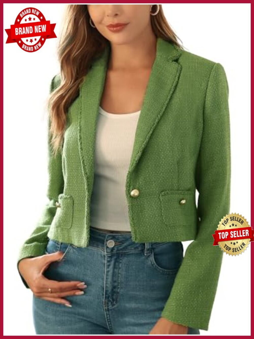 Cropped Tweed Blazer Jacket Notch Lapel Pearl Buttons Fringe Lined